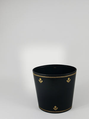 Morabito Paris Black & Gold Leather Wastepaper Basket Bin, France, 1970s