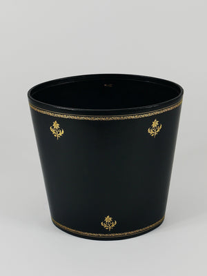 Morabito Paris Black & Gold Leather Wastepaper Basket Bin, France, 1970s