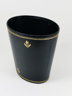 Morabito Paris Black & Gold Leather Wastepaper Basket Bin, France, 1970s
