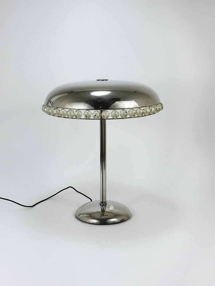 Bakalowits Vienna Nickel & Crystal Mushroom Table Desk Side Lamp, Austria, 1950s