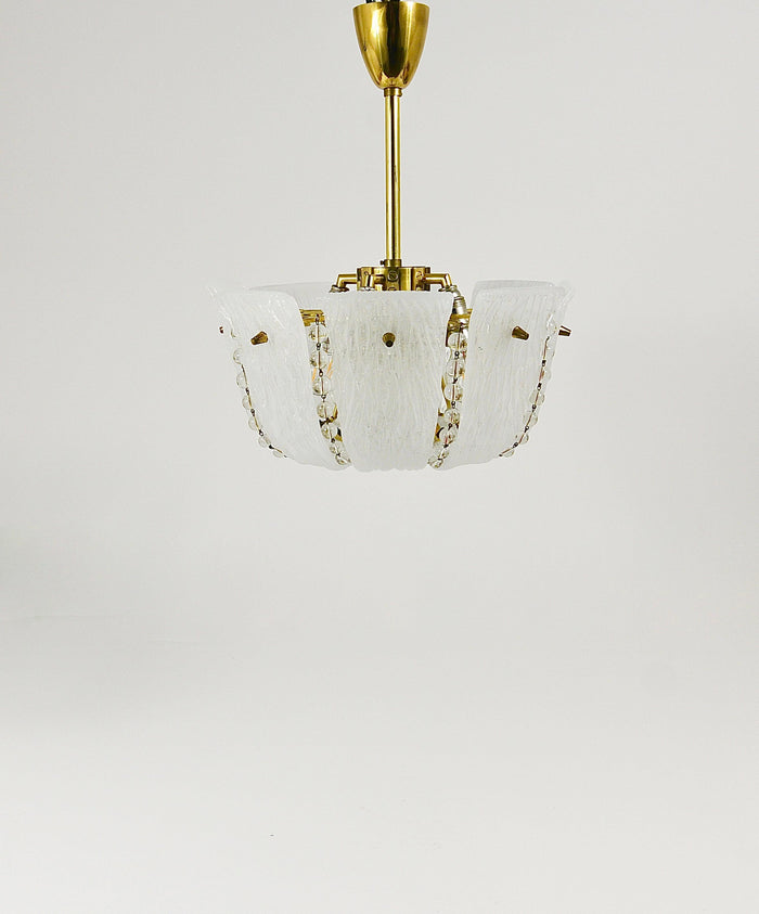 J.T. Kalmar Petite Curved Basket Chandelier, Brass & Glass, Austria, 1950s