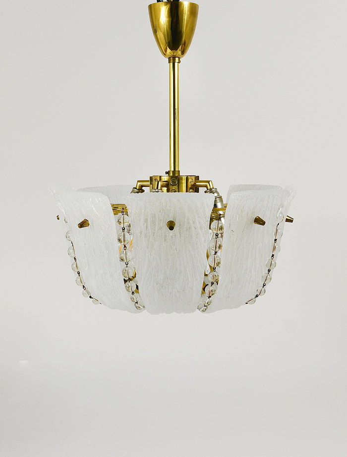 J.T. Kalmar Petite Curved Basket Chandelier, Brass & Glass, Austria, 1950s