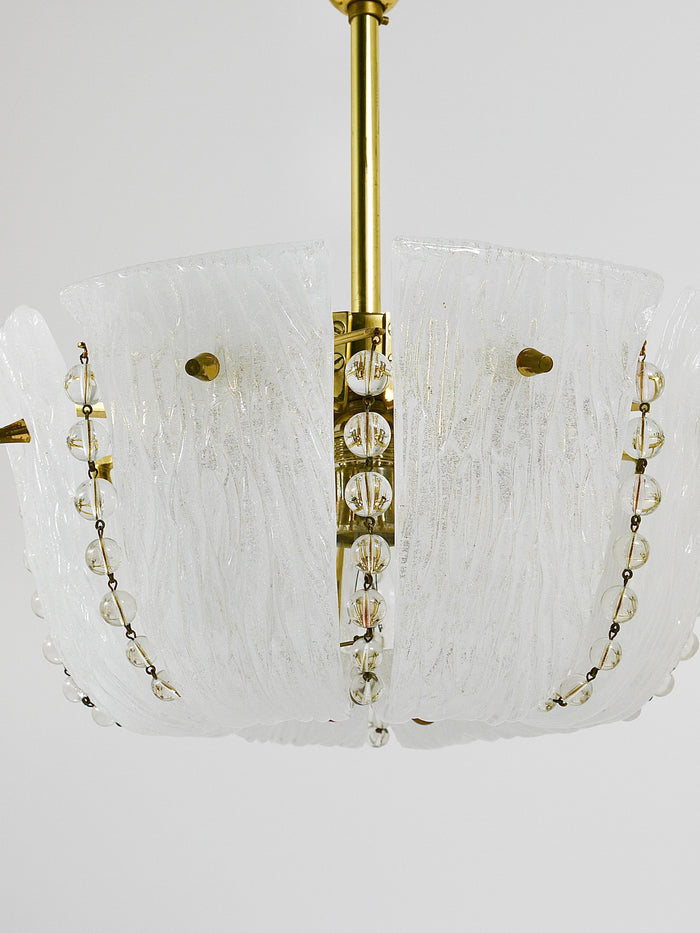 J.T. Kalmar Petite Curved Basket Chandelier, Brass & Glass, Austria, 1950s
