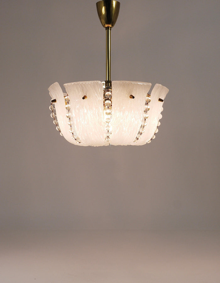 J.T. Kalmar Petite Curved Basket Chandelier, Brass & Glass, Austria, 1950s