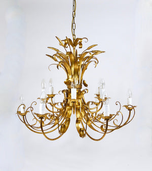 Lustre XL Hollywood Regency en fer doré Hans Kögl, bouquet floral de blé, années 1970