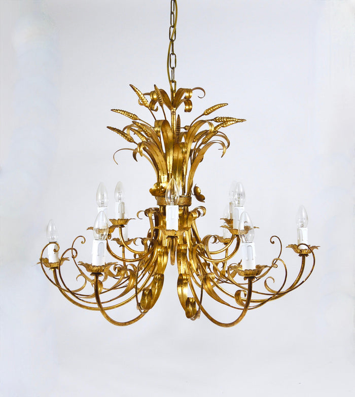 Hans Kögl XL Hollywood Regency Wheat Floral Bouquet Gilt Iron Chandelier, 1970s