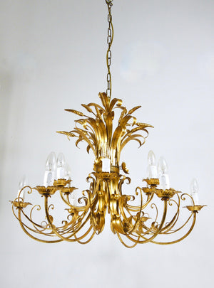 Lustre XL Hollywood Regency en fer doré Hans Kögl, bouquet floral de blé, années 1970
