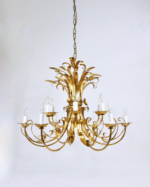 Lustre XL Hollywood Regency en fer doré Hans Kögl, bouquet floral de blé, années 1970