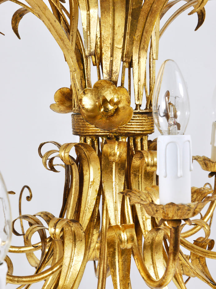 Hans Kögl XL Hollywood Regency Wheat Floral Bouquet Gilt Iron Chandelier, 1970s