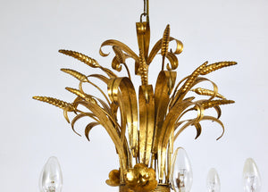 Lustre XL Hollywood Regency en fer doré Hans Kögl, bouquet floral de blé, années 1970