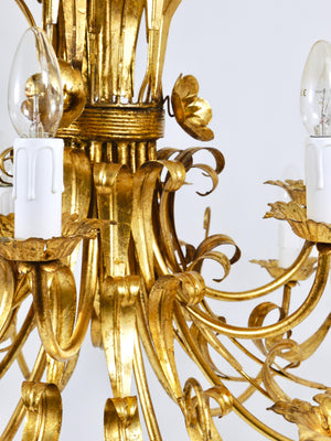 Lustre XL Hollywood Regency en fer doré Hans Kögl, bouquet floral de blé, années 1970
