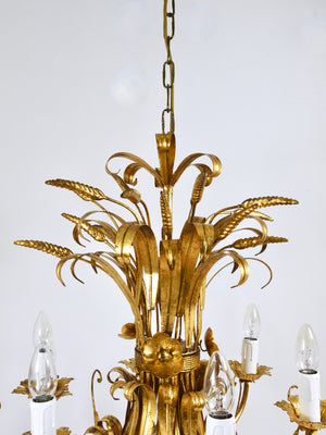 Lustre XL Hollywood Regency en fer doré Hans Kögl, bouquet floral de blé, années 1970