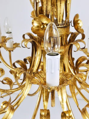 Lustre XL Hollywood Regency en fer doré Hans Kögl, bouquet floral de blé, années 1970