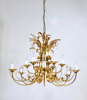 Lustre XL Hollywood Regency en fer doré Hans Kögl, bouquet floral de blé, années 1970