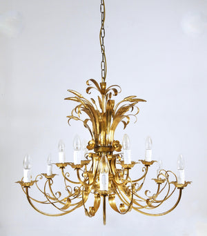 Lustre XL Hollywood Regency en fer doré Hans Kögl, bouquet floral de blé, années 1970