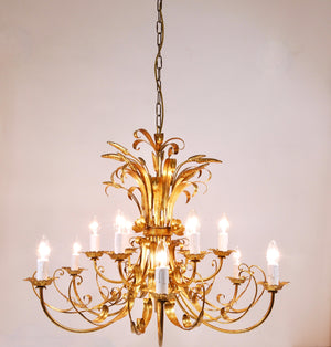 Lustre XL Hollywood Regency en fer doré Hans Kögl, bouquet floral de blé, années 1970