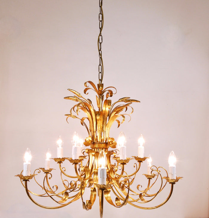 Hans Kögl XL Hollywood Regency Wheat Floral Bouquet Gilt Iron Chandelier, 1970s