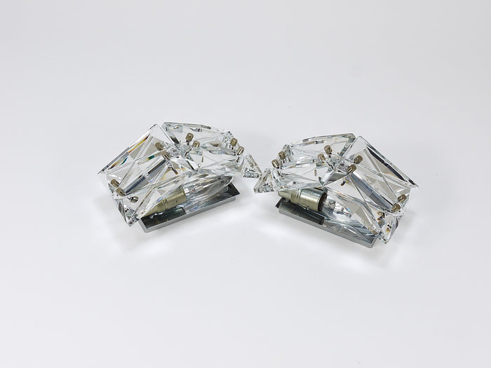 Pair Facetted Crystal & Chrome Sconces / Prism Glass Wall Lights by Kinkeldey