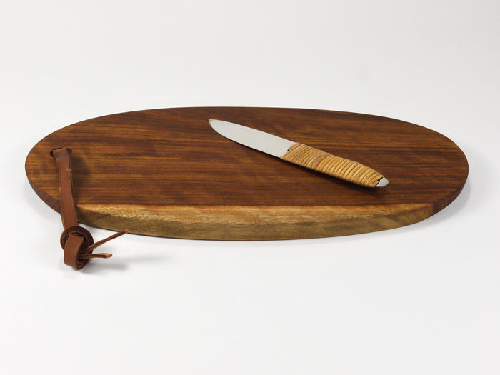 Carl Aubock Big Cutting Board with Amboss Knife, Wicker Handle, Walnut, Leather