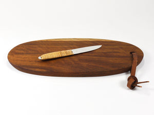 Carl Aubock Big Cutting Board with Amboss Knife, Wicker Handle, Walnut, Leather