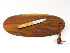 Carl Aubock Big Cutting Board with Amboss Knife, Wicker Handle, Walnut, Leather