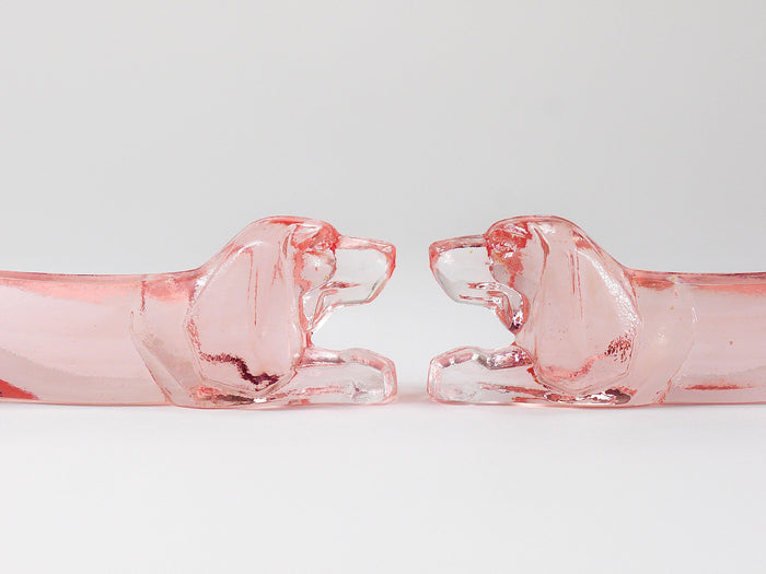 12 French Art Deco Dachshund Basset Hound Knife Rests, Rosé Glass, France, 1930s