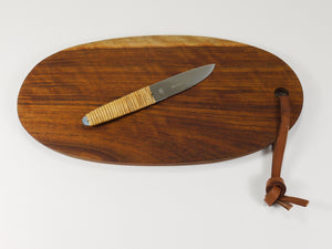 Carl Aubock Big Cutting Board with Amboss Knife, Wicker Handle, Walnut, Leather