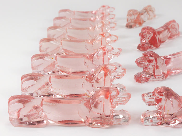 12 French Art Deco Dachshund Basset Hound Knife Rests, Rosé Glass, France, 1930s