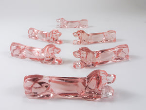 12 French Art Deco Dachshund Basset Hound Knife Rests, Rosé Glass, France, 1930s