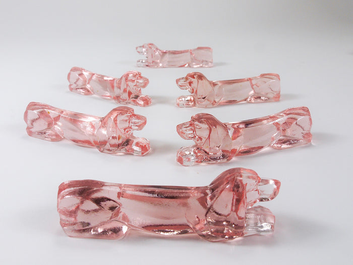 12 French Art Deco Dachshund Basset Hound Knife Rests, Rosé Glass, France, 1930s
