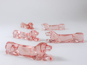 12 French Art Deco Dachshund Basset Hound Knife Rests, Rosé Glass, France, 1930s