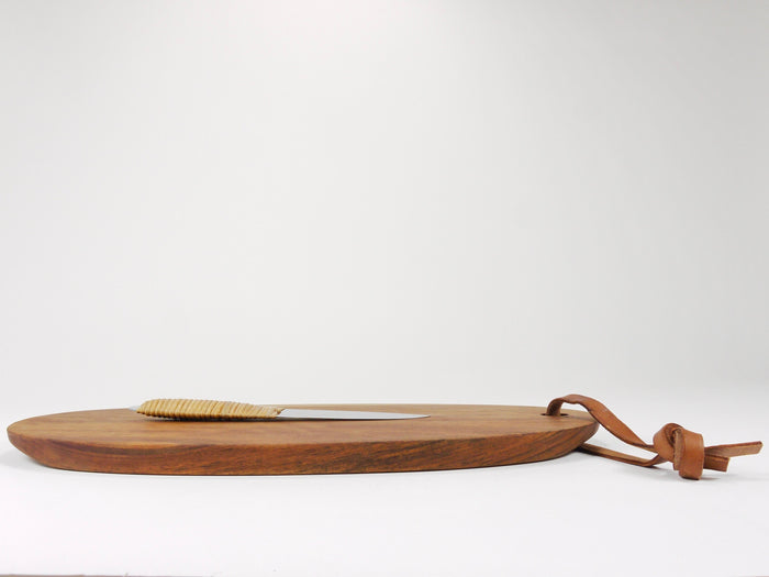 Carl Aubock Big Cutting Board with Amboss Knife, Wicker Handle, Walnut, Leather