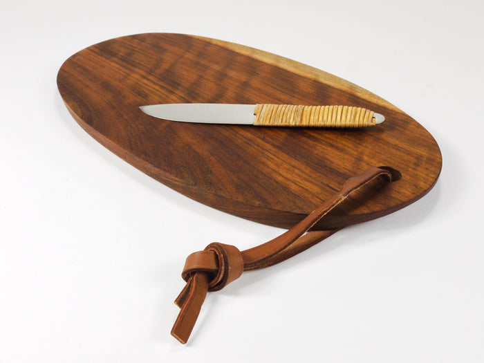 Carl Aubock Big Cutting Board with Amboss Knife, Wicker Handle, Walnut, Leather