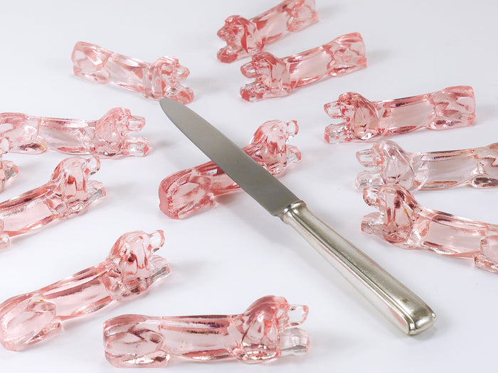 12 French Art Deco Dachshund Basset Hound Knife Rests, Rosé Glass, France, 1930s