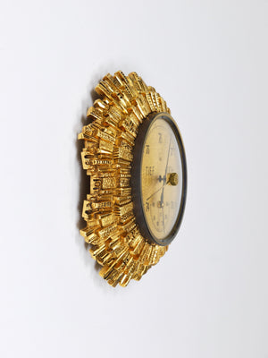 Station météo murale Lufft Sunburst en laiton doré, baromètre et thermomètre, années 1950
