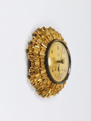Station météo murale Lufft Sunburst en laiton doré, baromètre et thermomètre, années 1950