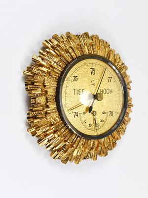 Station météo murale Lufft Sunburst en laiton doré, baromètre et thermomètre, années 1950