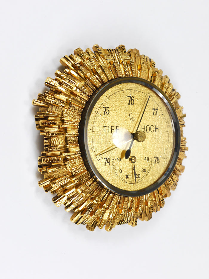 Lufft Sunburst Golden Brass Wall Weather Station, Barometer & Thermometer, 1950s