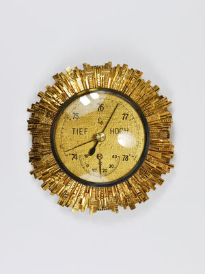 Station météo murale Lufft Sunburst en laiton doré, baromètre et thermomètre, années 1950