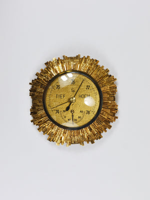 Station météo murale Lufft Sunburst en laiton doré, baromètre et thermomètre, années 1950