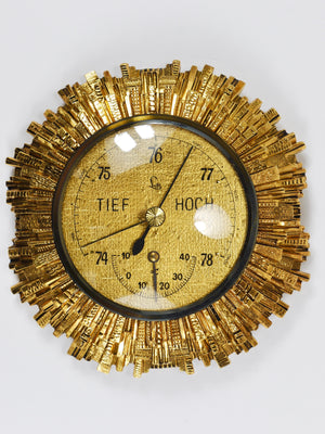 Station météo murale Lufft Sunburst en laiton doré, baromètre et thermomètre, années 1950