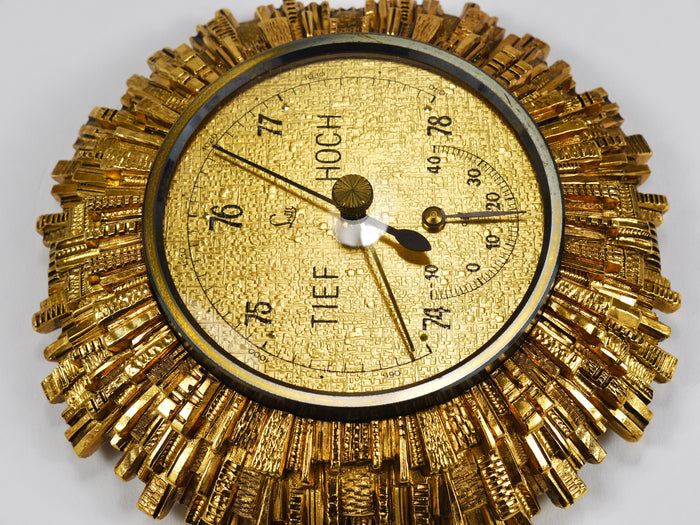 Lufft Sunburst Golden Brass Wall Weather Station, Barometer & Thermometer, 1950s