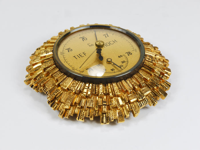 Lufft Sunburst Golden Brass Wall Weather Station, Barometer & Thermometer, 1950s