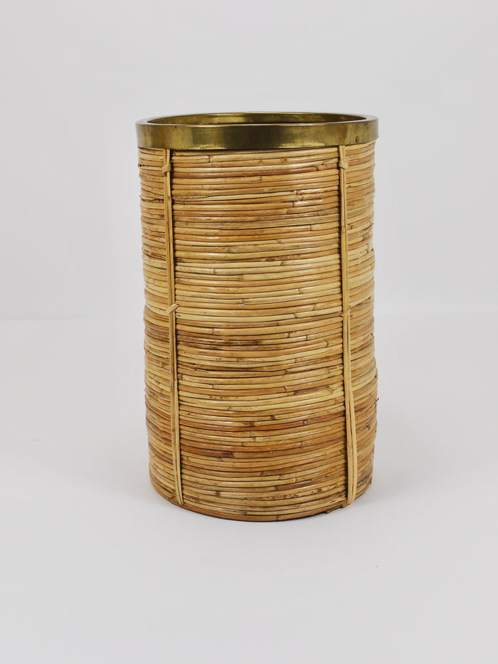 Riviera Style Bamboo & Brass Paper Basket Umbrella Stand, Italy, 1970s