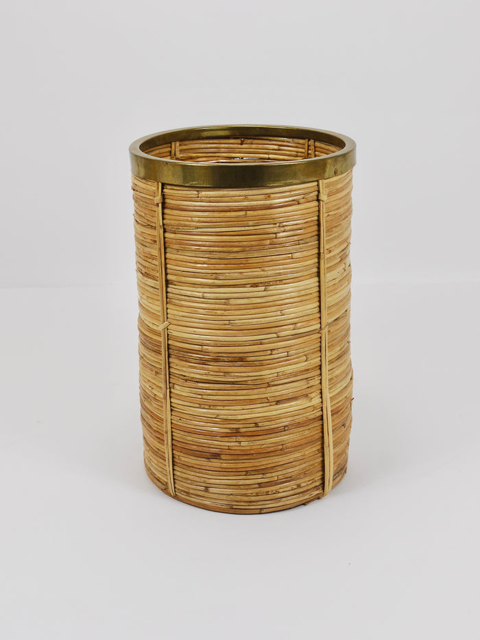 Riviera Style Bamboo & Brass Paper Basket Umbrella Stand, Italy, 1970s
