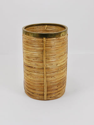 Riviera Style Bamboo & Brass Paper Basket Umbrella Stand, Italy, 1970s