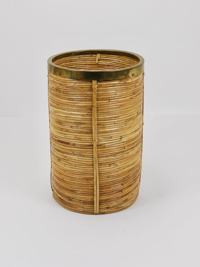 Riviera Style Bamboo & Brass Paper Basket Umbrella Stand, Italy, 1970s