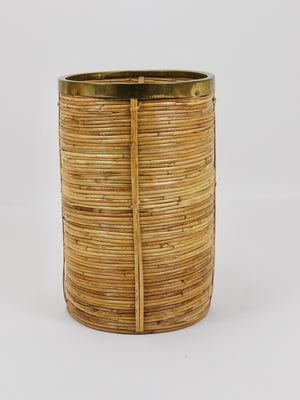 Riviera Style Bamboo & Brass Paper Basket Umbrella Stand, Italy, 1970s