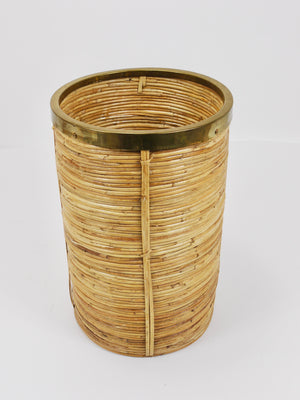 Riviera Style Bamboo & Brass Paper Basket Umbrella Stand, Italy, 1970s