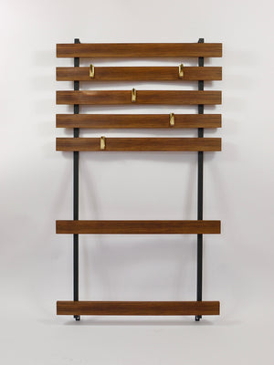 Carl Aubock Wall Coat Rack with 5 Brass Hooks, Walnut, Iron, Austria, 1950s